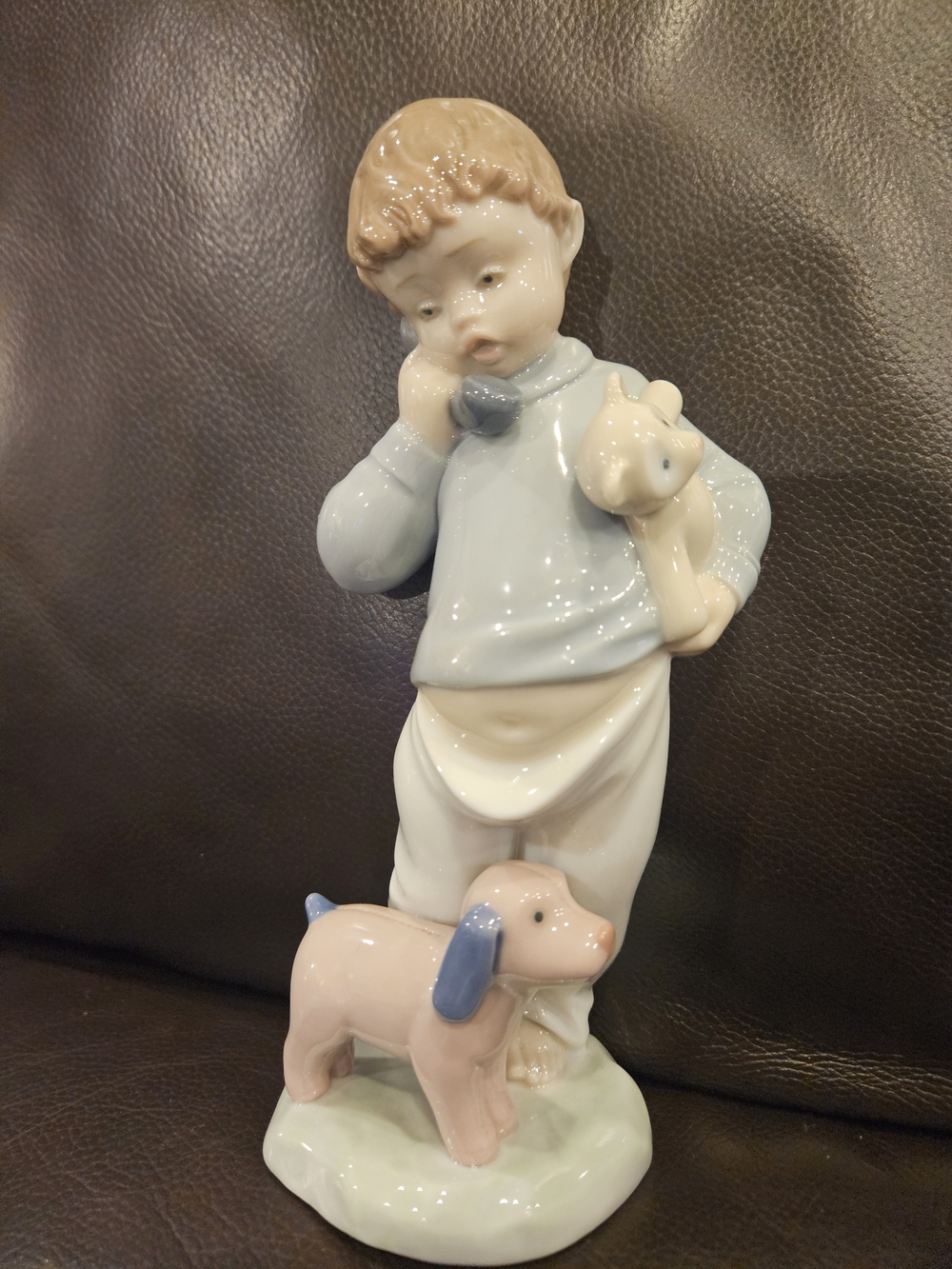 Nao Porcelain Boy On Phone Figurine with Dog